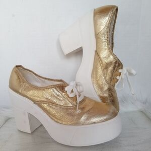 Bakers Heels Platform Gold & White Lace-up Italy Ankle Party Shoes Size 9